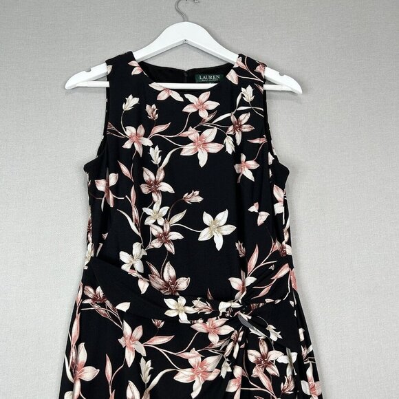 Lauren Ralph Lauren Womens Dress 8 Black Floral Midi Jersey Knot Mock Wrap Work - Picture 2 of 15